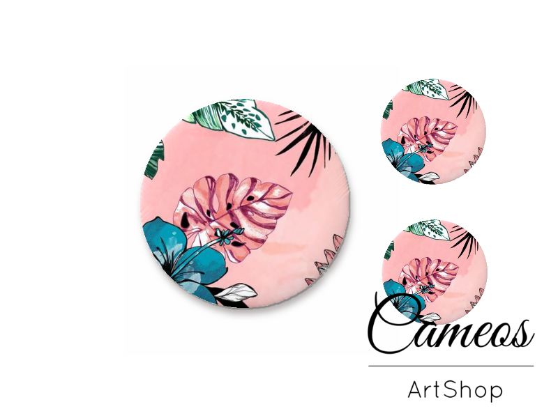 Glass cabochon set 1x25mm and 2x12mm or 1x20mm and 2x10mm, Pink Flowers- S1528 - Cameos Art Shop