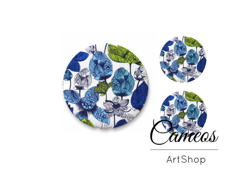 Glass cabochon set 1x25mm and 2x12mm or 1x20mm and 2x10mm, Blue Flowers- S1540 - Cameos Art Shop