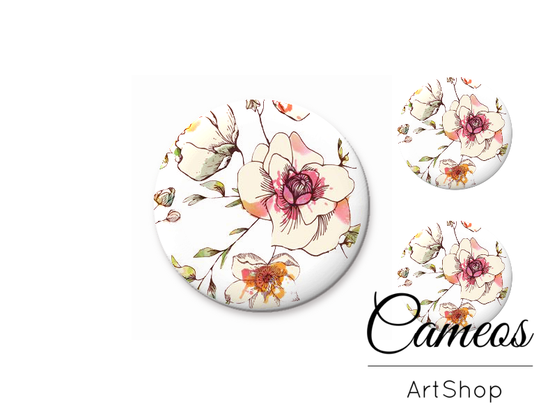 Glass cabochon set 1x25mm and 2x12mm or 1x20mm and 2x10mm, Floral- S1548 - Cameos Art Shop