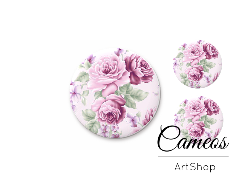 Glass cabochon set 1x25mm and 2x12mm or 1x20mm and 2x10mm, Purple Floral- S1549 - Cameos Art Shop