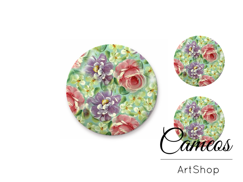 Glass cabochon set 1x25mm and 2x12mm or 1x20mm and 2x10mm, Flowers- S1552 - Cameos Art Shop