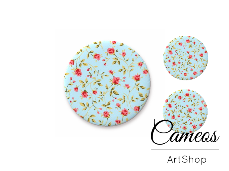 Glass cabochon set 1x25mm and 2x12mm or 1x20mm and 2x10mm, Blue Flowers- S1554 - Cameos Art Shop