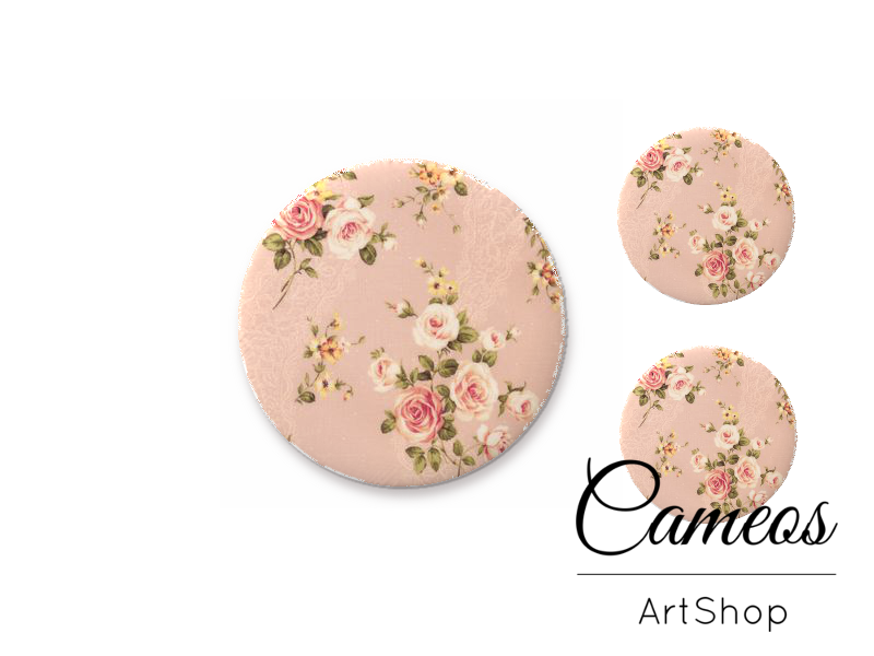 Glass cabochon set 1x25mm and 2x12mm or 1x20mm and 2x10mm, Pink Flowers- S1556 - Cameos Art Shop