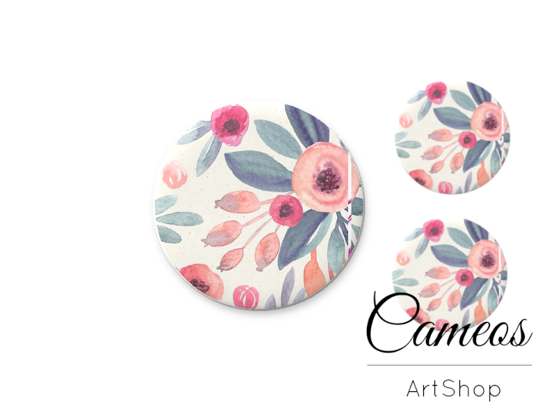 Glass dome cabochon set 1x25mm and 2x12mm or 1x20mm and 2x10mm, Flowers- S1570