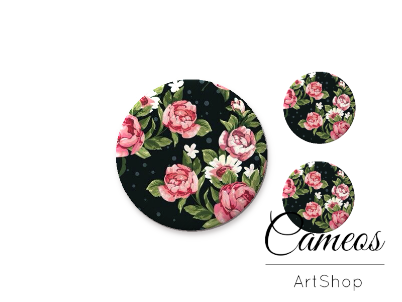 Glass dome cabochon set 1x25mm and 2x12mm or 1x20mm and 2x10mm,Flowers- S1578 - Cameos Art Shop