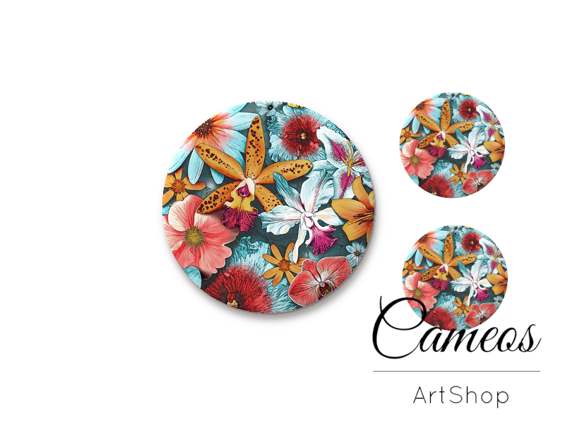 Glass dome cabochon set 1x25mm and 2x12mm or 1x20mm and 2x10mm,Flowers- S1579 - Cameos Art Shop