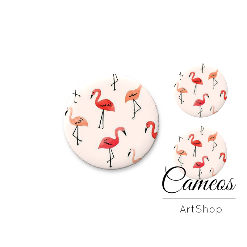 Glass dome cabochon set 1x25mm and 2x12mm or 1x20mm and 2x10mm, Flamingo Motive- S1588 - Cameos Art Shop