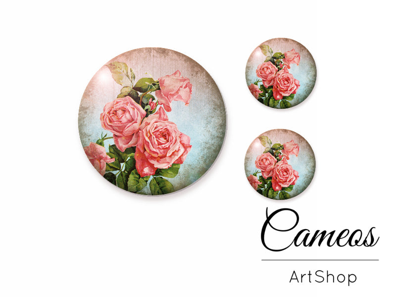 Glass cabochon set 1x25mm and 2x12mm or 1x20mm and 2x10mm, Floral- S184 - Cameos Art Shop
