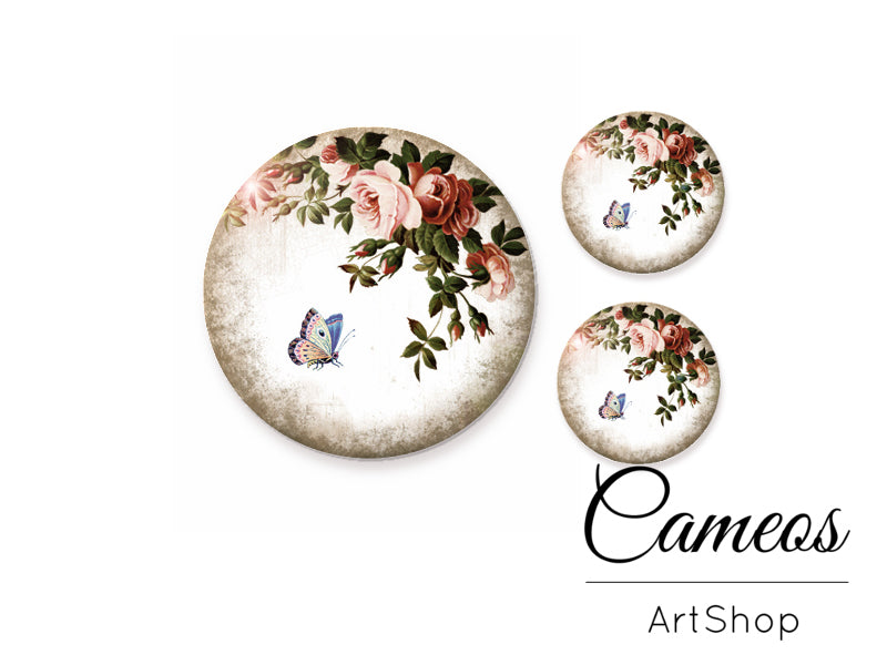 Glass cabochon set 1x25mm and 2x12mm or 1x20mm and 2x10mm, Butterfly Motive- S190 - Cameos Art Shop