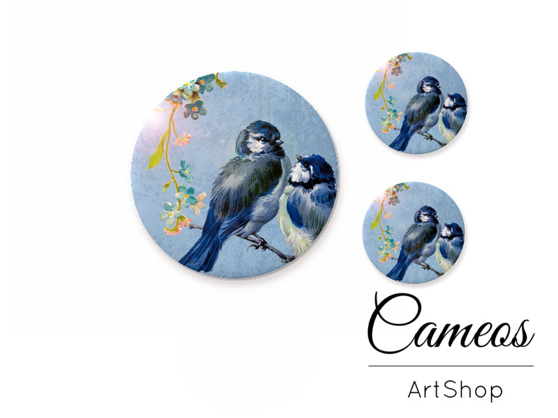 Glass cabochon set 1x25mm and 2x12mm or 1x20mm and 2x10mm, Birds Motive- S192 - Cameos Art Shop