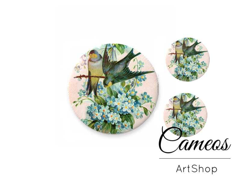 Glass dome cabochon set 1x25mm and 2x12mm or 1x20mm and 2x10mm, Bird - S273 - Cameos Art Shop