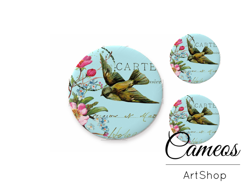Glass dome cabochon set 1x25mm and 2x12mm or 1x20mm and 2x10mm, Bird - S274 - Cameos Art Shop