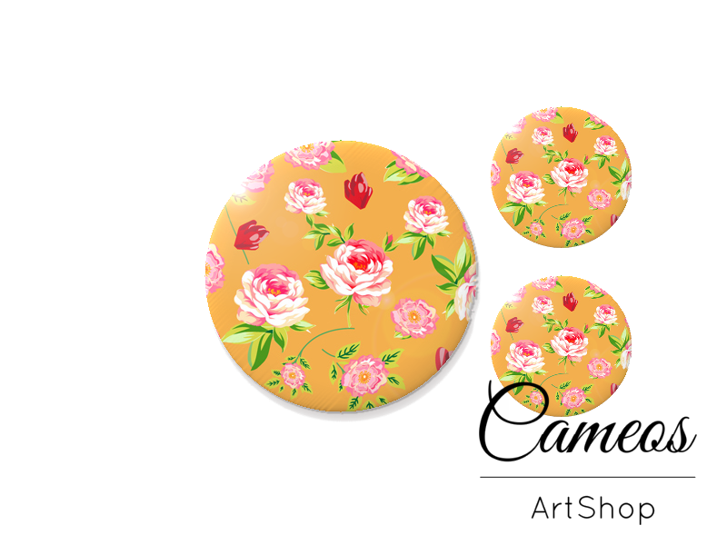 Glass dome cabochon set 1x25mm and 2x12mm or 1x20mm and 2x10mm, Flowers- S281 - Cameos Art Shop