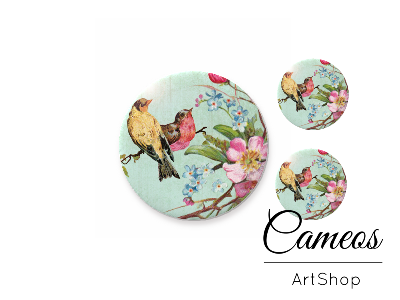 Glass dome cabochon set 1x25mm and 2x12mm or 1x20mm and 2x10mm, Birds- S282 - Cameos Art Shop