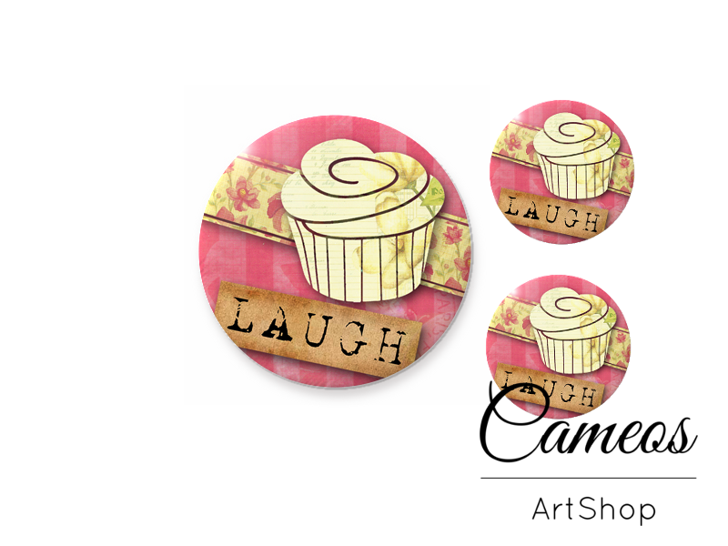 Glass dome cabochon set 1x25mm and 2x12mm or 1x20mm and 2x10mm, Laugh- S283 - Cameos Art Shop