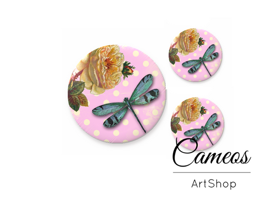 Glass dome cabochon set 1x25mm and 2x12mm or 1x20mm and 2x10mm, Dragonfly- S284 - Cameos Art Shop