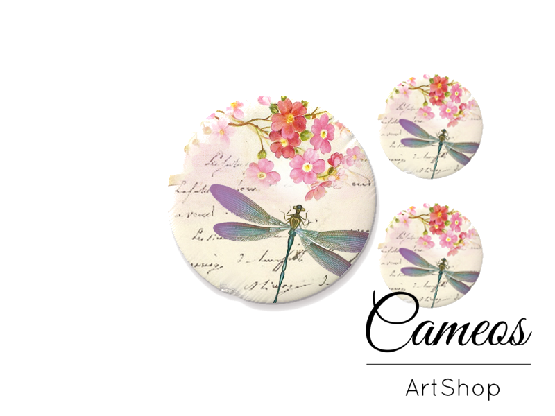 Glass dome cabochon set 1x25mm and 2x12mm or 1x20mm and 2x10mm, Dragonfly- S285