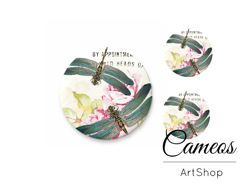 Glass dome cabochon set 1x25mm and 2x12mm or 1x20mm and 2x10mm, Dragonfly- S286