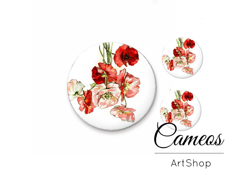 Glass dome cabochon set 1x25mm and 2x12mm or 1x20mm and 2x10mm, Flowers - S287 - Cameos Art Shop
