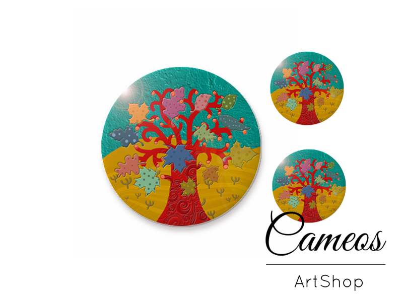 Glass dome cabochon set 1x25mm and 2x12mm or 1x20mm and 2x10mm, Tree Pattern- S289 - Cameos Art Shop