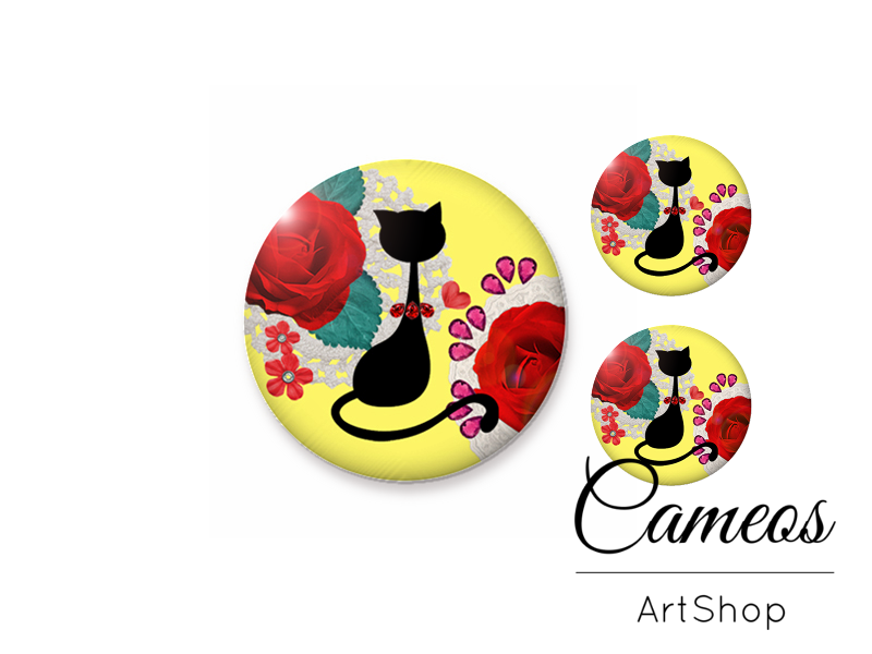 Glass dome cabochon set 1x25mm and 2x12mm or 1x20mm and 2x10mm, Cat Pattern- S291 - Cameos Art Shop