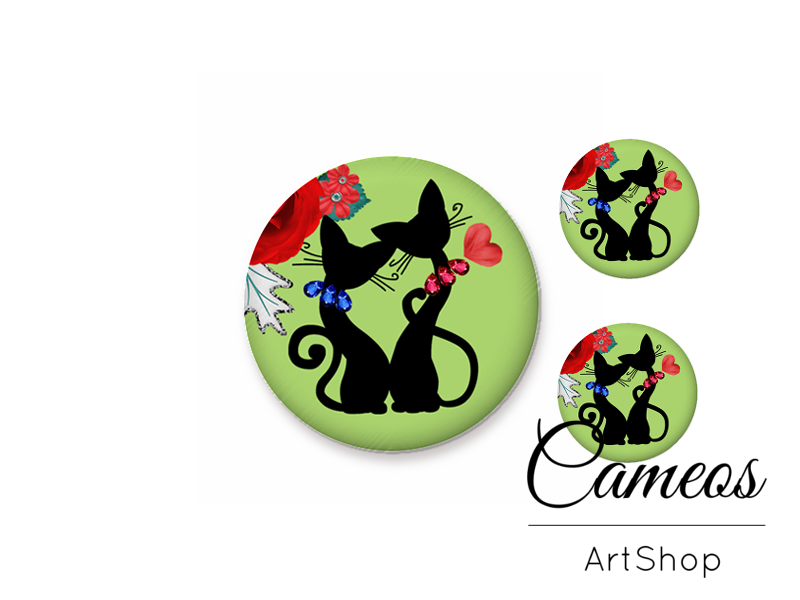 Glass dome cabochon set 1x25mm and 2x12mm or 1x20mm and 2x10mm, Cat Pattern- S292 - Cameos Art Shop