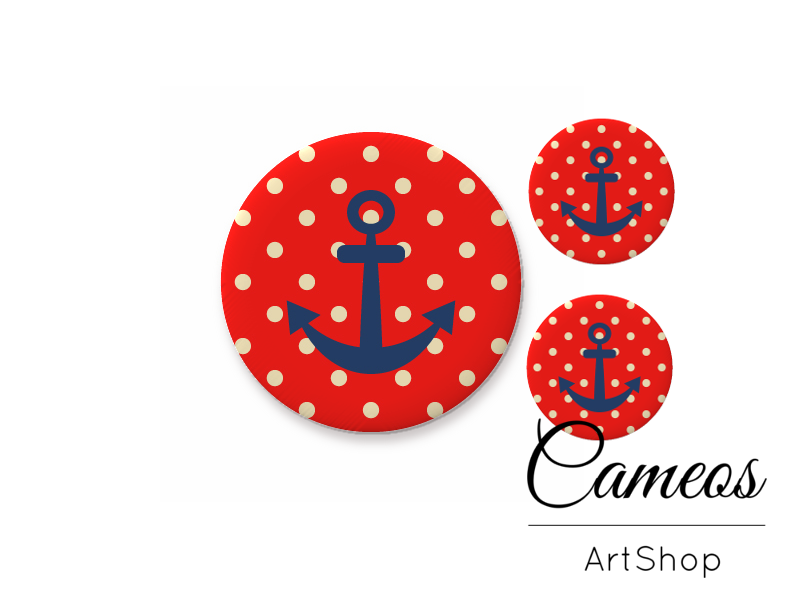 Glass dome cabochon set 1x25mm and 2x12mm or 1x20mm and 2x10mm, Anchor Motive- S296 - Cameos Art Shop