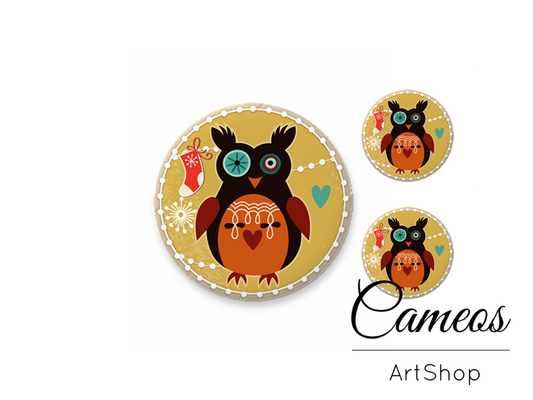 Glass dome cabochon set 1x25mm and 2x12mm or 1x20mm and 2x10mm, Owl Motive- S297 - Cameos Art Shop