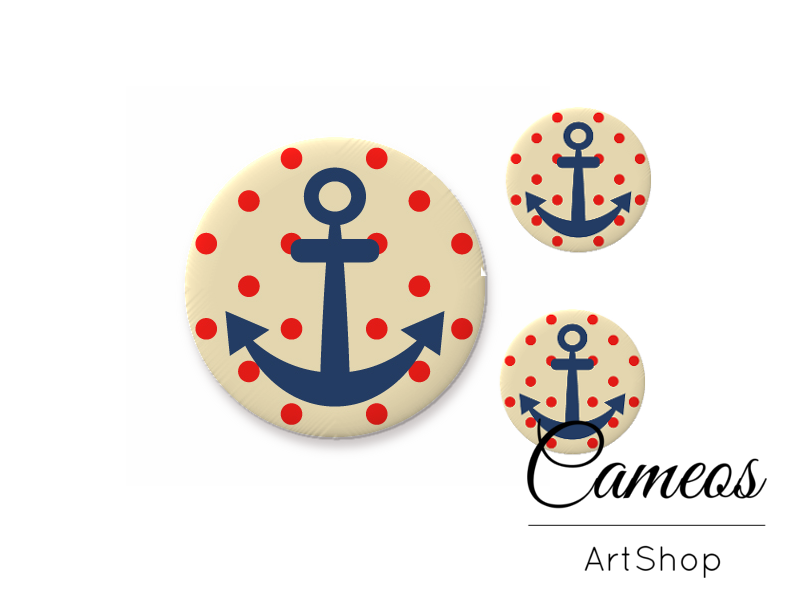 Glass dome cabochon set 1x25mm and 2x12mm or 1x20mm and 2x10mm, Anchor- S299 - Cameos Art Shop