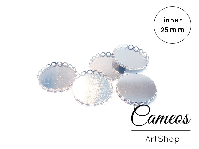 Round Pendant Trays Silver for 25mm Cabochons 10 pieces - Cameos Art Shop