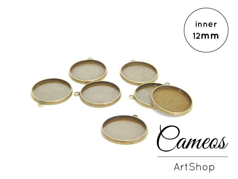 Round Pendant Trays Antique Bronze for 12mm Cabochons 20 pieces - Cameos Art Shop