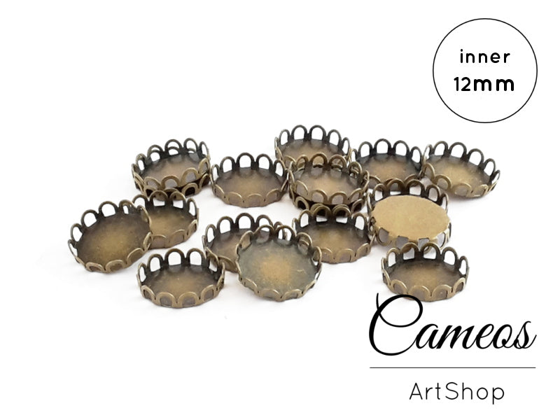 Round Pendant Trays Antique Bronze for 12mm Cabochons 10 pieces - Cameos Art Shop