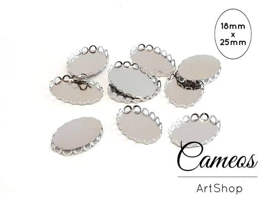 Oval Pendant Trays Silver for 18x25mm Cabochons 10 pieces - Cameos Art Shop