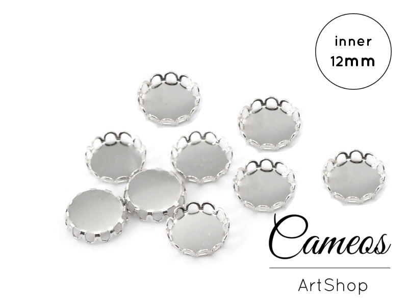 Round Pendant Trays Silver for 12mm Cabochons 5 pieces - Cameos Art Shop