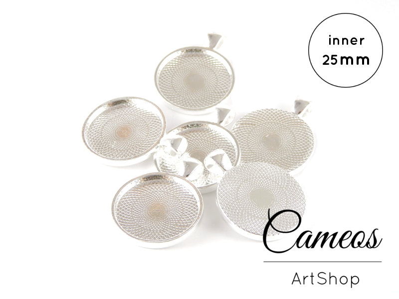 Round Pendant Trays Silver for 25mm Cabochons 5 pieces - Cameos Art Shop