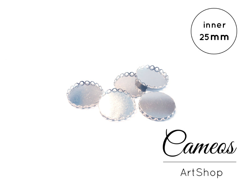 Round Pendant Trays Silver for 25mm Cabochons 20 pieces - Cameos Art Shop