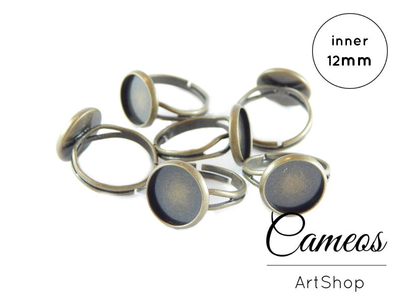 Round Ring base tray Antique Bronze for 12mm Cabochons 10 pieces - Cameos Art Shop