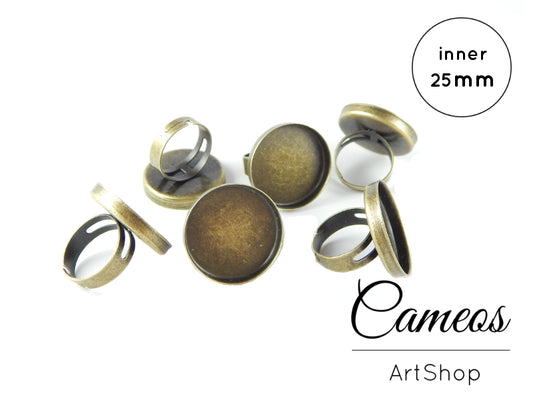 Round Ring base tray Antique Bronze for 25mm Cabochons 5 pieces - Cameos Art Shop
