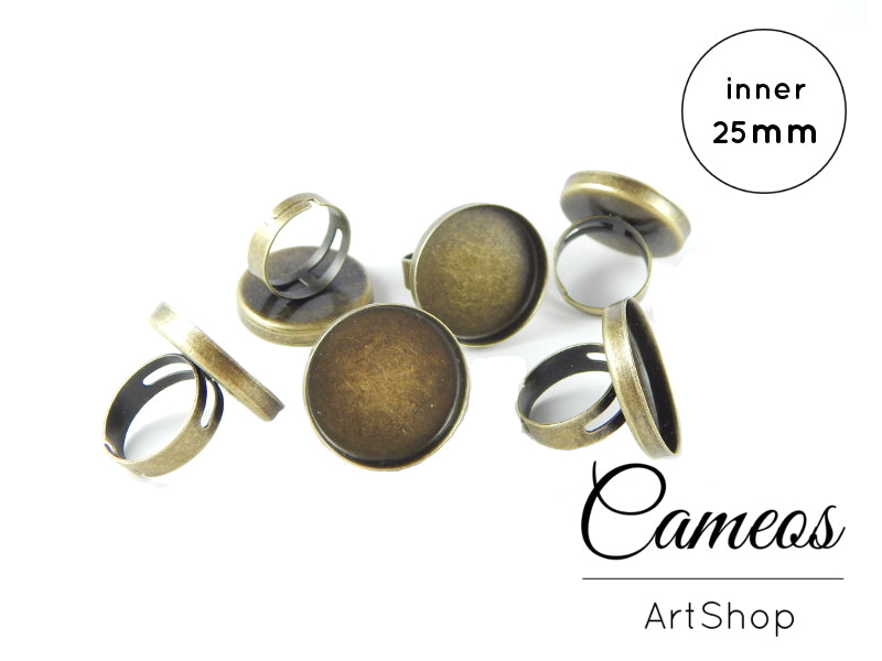 Round Ring base tray Antique Bronze for 25mm Cabochons 10 pieces - Cameos Art Shop