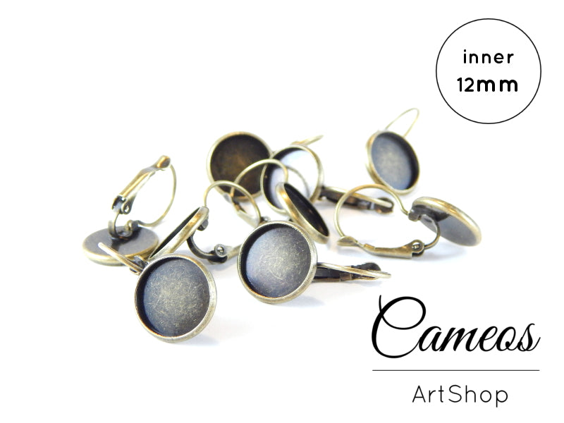 Earring Hook tray Antique Bronze for 12mm Cabochons 10 pieces - Cameos Art Shop