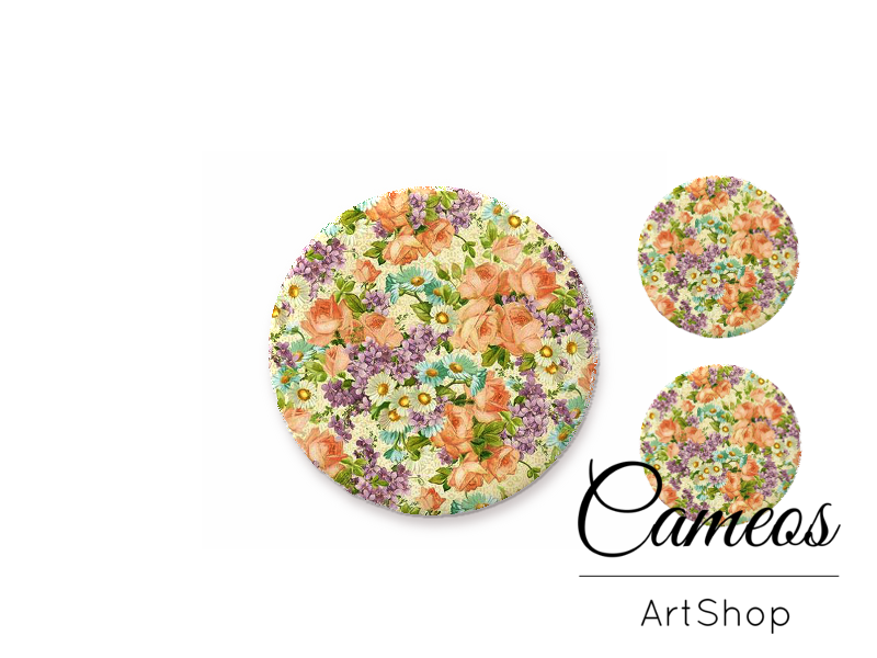 Glass cabochon set 1x25mm and 2x12mm or 1x20mm and 2x10mm, Flowers- S1310 - Cameos Art Shop