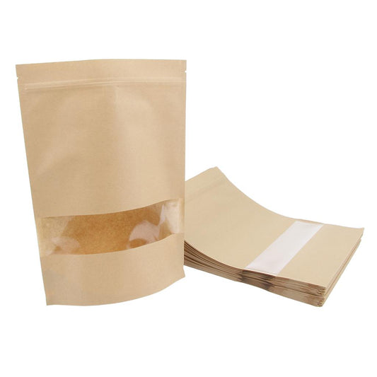 5pcs Resealable Kraft Paper Bags, 20x12cm Kraft Paper Stand Up Bags Whit Window, Kraft Zip Lock Pouch Bag