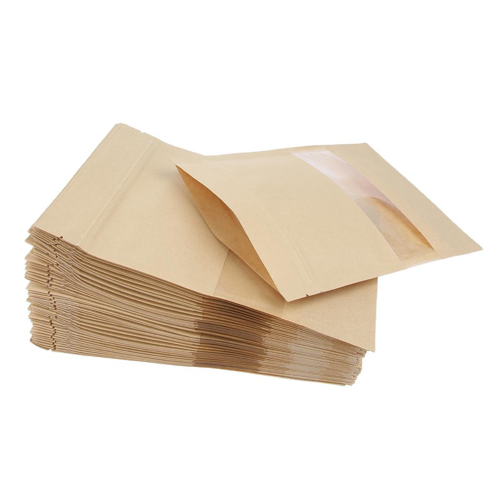 5pcs Resealable Kraft Paper Bags, 20x12cm Kraft Paper Stand Up Bags Whit Window, Kraft Zip Lock Pouch Bag